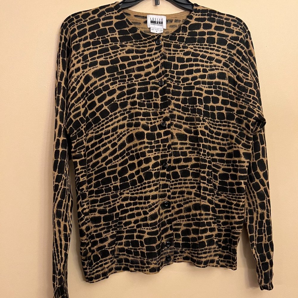Leslie Fay Women's Sportwear Medium 2pc Black/Tan Cardigan,  sweater top